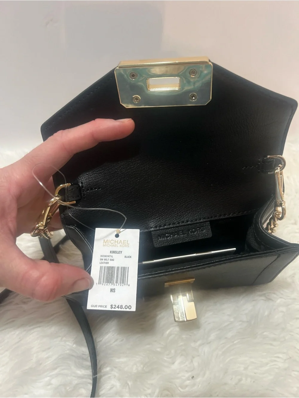 Michael Kors Black Leather Kinsley Crossbody with Gold Plate Lock